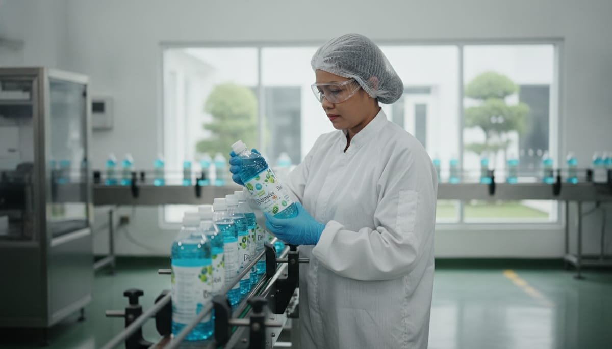 Proses produksi maklon karbol di fasilitas manufaktur untuk brand kebersihan rumah tangga