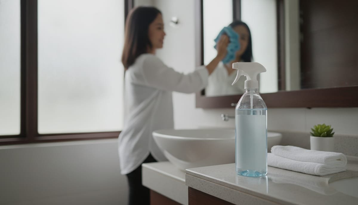 Botol produk hasil maklon pembersih kamar mandi dengan trigger sprayer di atas meja kamar mandi